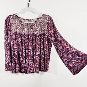 Lucky Brand Floral Top Wine Keyhole Back Flare Sleeve Boho Top Medium